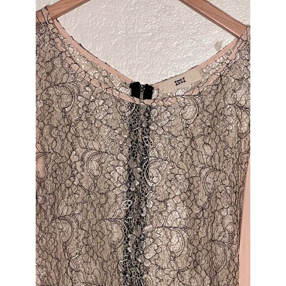 ISSI Medium Lace Top With Sheer Puff Sleeves  Back Zipper Neutral Beige & Black - Picture 8 of 12